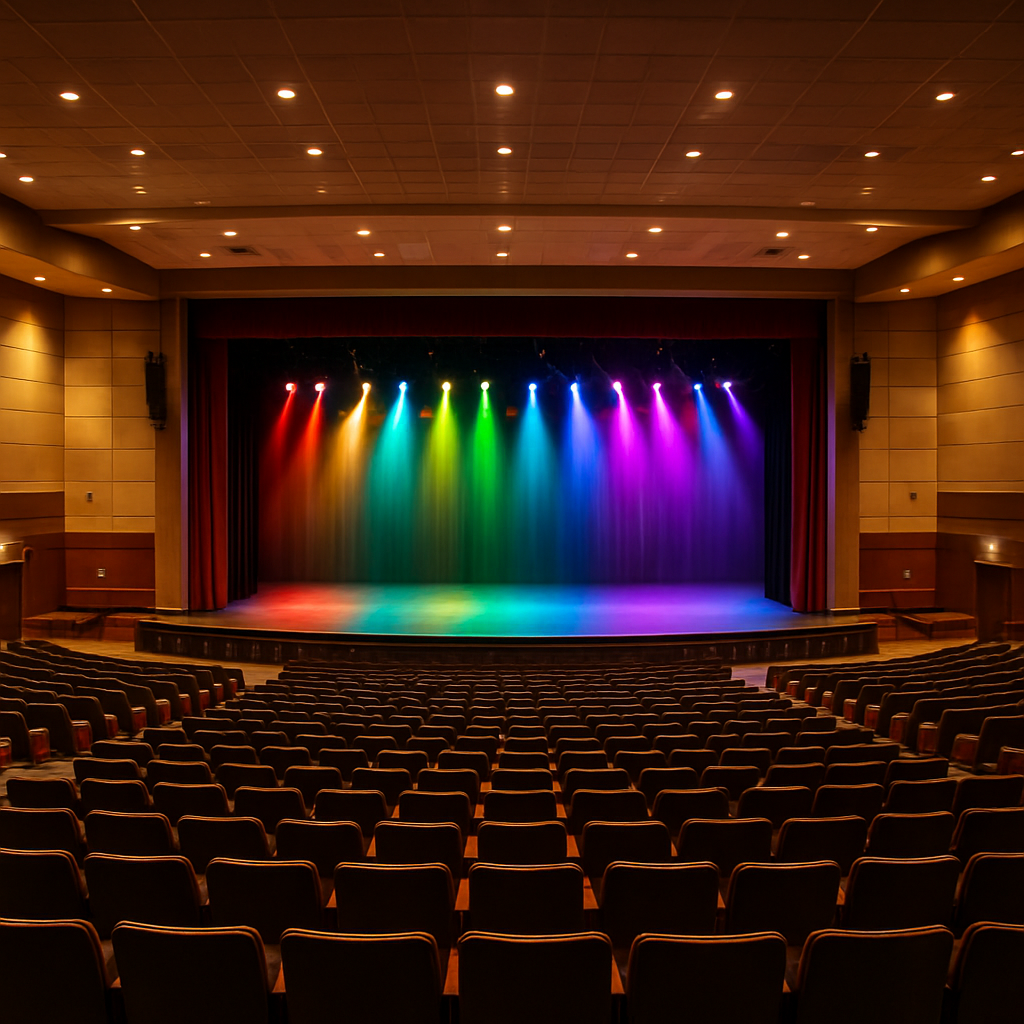 School auditorium with vibrant LED stage lighting