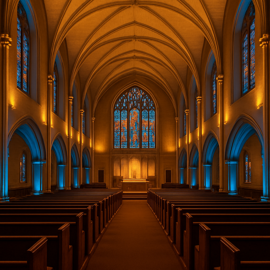Church sanctuary with warm golden LED house lighting